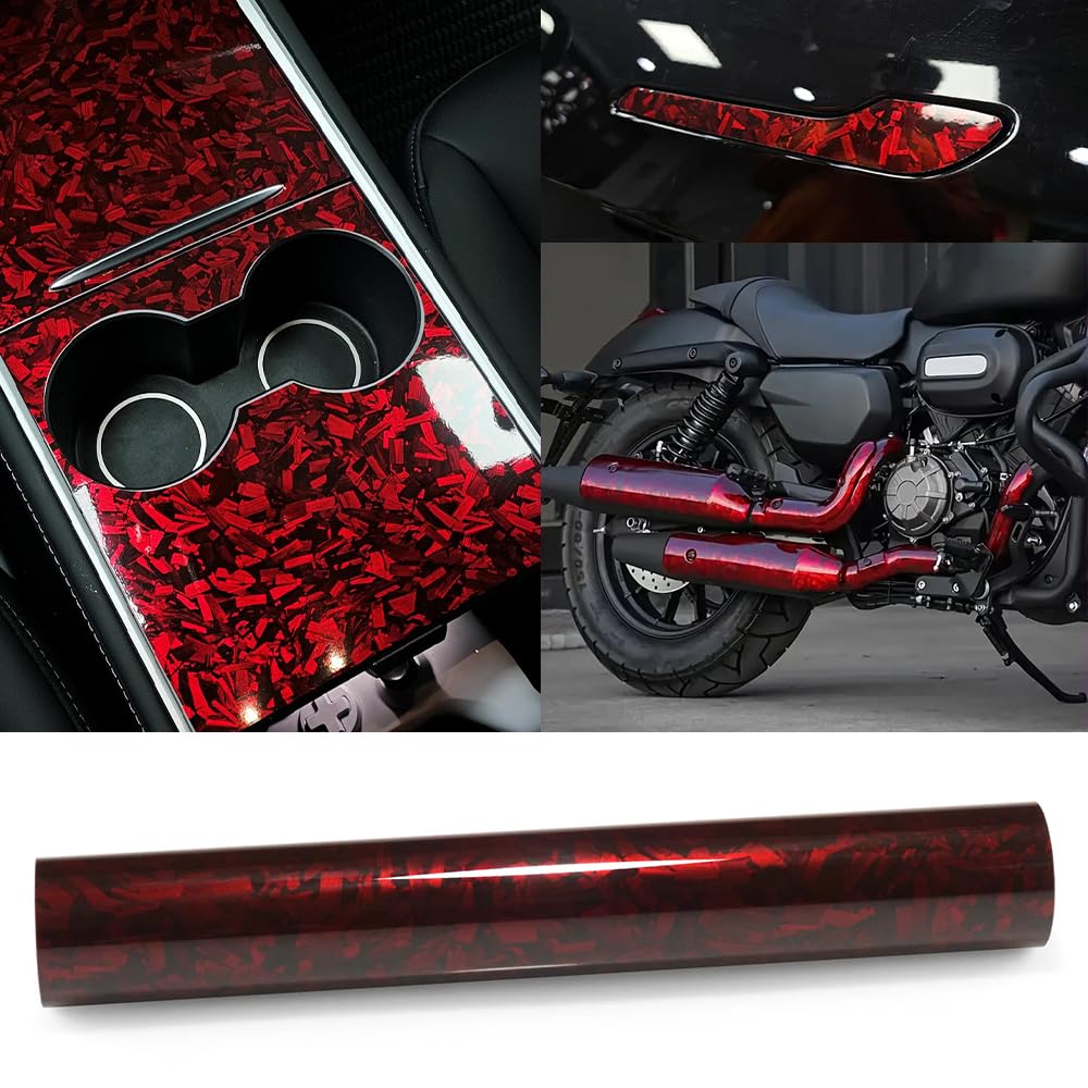 150cm x 30cm Covering Forgé Carbone de Voiture Film Autocollant Adhésif Film Carbone de Protection pour Voiture Intérieure/Extérieure, Moto, Vélo (Rouge Brillant, 30cm x 150cm)