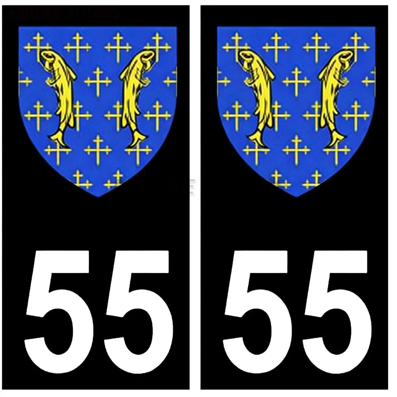 2Pcs Exquisite French license plate stickers in black and blue55 Commercy - Ville 55 Meuse Armoiries Car waterproof PVC sticker