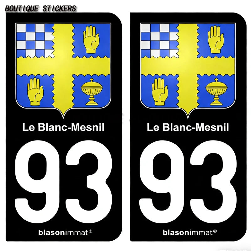 2Pcs French 93 Area License Plate Stickers Ile de France City PVC Car Moto Decals