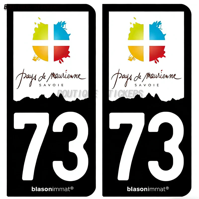 2Pcs French license plate stickers73 Maurienne-Pays-Val Thorens-Val d'Isère-Station-Val-d'Isère-Maurienne-Albertville-Armoiries