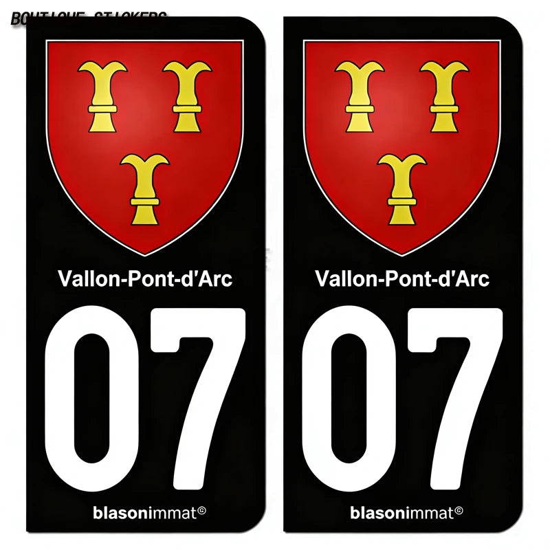 2PcsExquisite French licenseplate stickers in 07Vallon-Pont-d'Arc - Armoiries - Privas - Aubenas-Annonay Auto MotoPVCautocollant