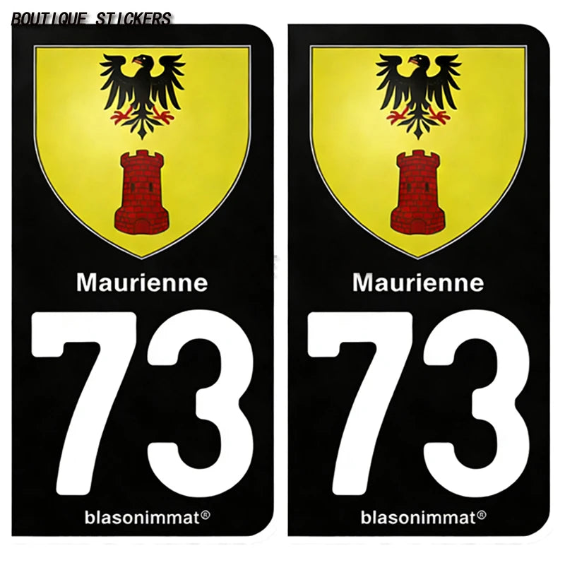 2Pcs French license plate stickers73 Maurienne-Pays-Val Thorens-Val d'Isère-Station-Val-d'Isère-Maurienne-Albertville-Armoiries