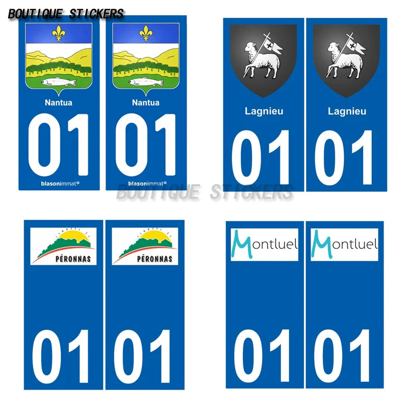2 blue square corner license plate stickers01 Nantua  Oyonnax Thoiry Trévoux Montluel Viriat  Péronnas Lagnieu Viriat ville