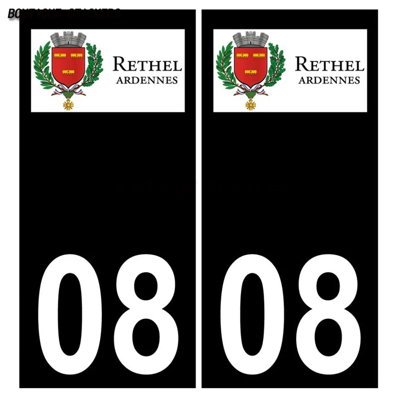 2Pcs Fine plaque d'immatriculation française autocollant noir bleu 08 Sedan-Ville  Rethel Givet logo Voiture moto PVC étanche