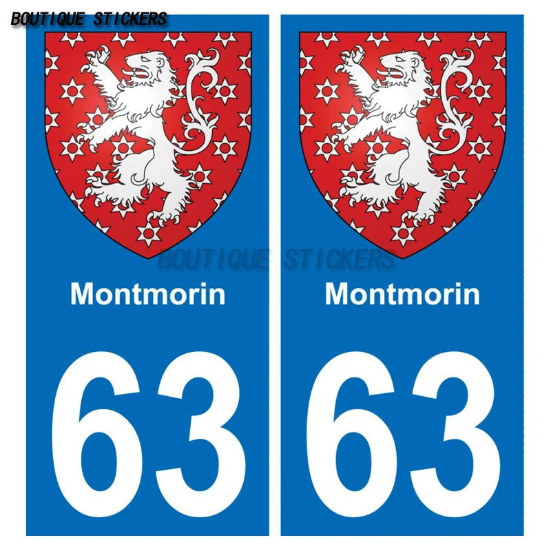 2Pcs Fine plaque d'immatriculation française autocollant noir / bleu 63 Vernet-la-Varenne - Montmorin - Riom - Laqueuille blason