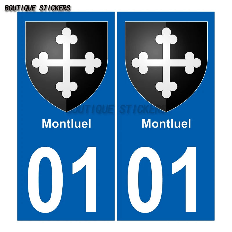 2 blue square corner license plate stickers01 Nantua  Oyonnax Thoiry Trévoux Montluel Viriat  Péronnas Lagnieu Viriat ville