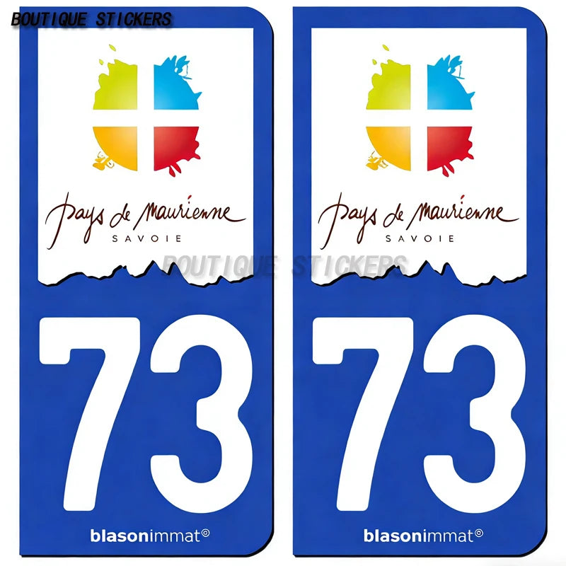 2Pcs French license plate stickers73 Maurienne-Pays-Val Thorens-Val d'Isère-Station-Val-d'Isère-Maurienne-Albertville-Armoiries