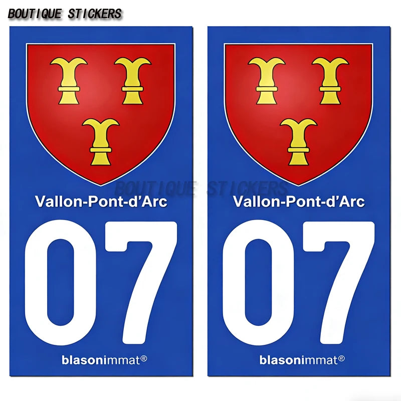 2PcsExquisite French licenseplate stickers in 07Vallon-Pont-d'Arc - Armoiries - Privas - Aubenas-Annonay Auto MotoPVCautocollant
