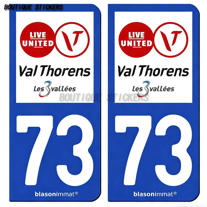 2Pcs French license plate stickers73 Maurienne-Pays-Val Thorens-Val d'Isère-Station-Val-d'Isère-Maurienne-Albertville-Armoiries