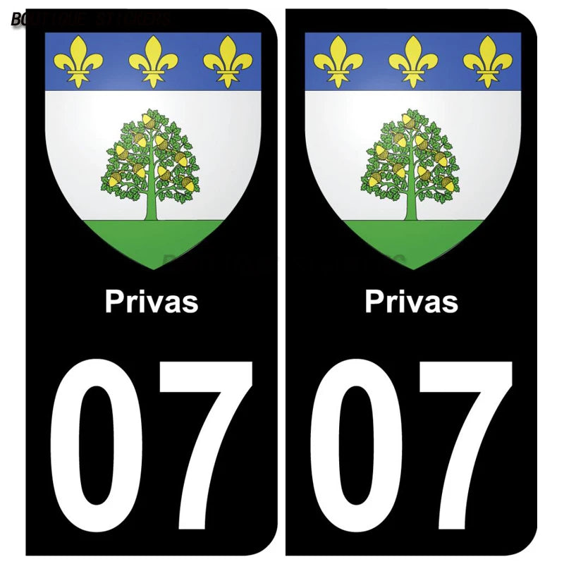 2PcsExquisite French licenseplate stickers in 07Vallon-Pont-d'Arc - Armoiries - Privas - Aubenas-Annonay Auto MotoPVCautocollant