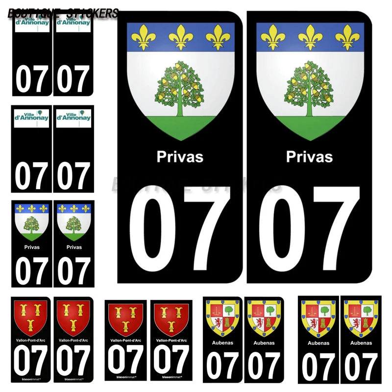 2PcsExquisite French licenseplate stickers in 07Vallon-Pont-d'Arc - Armoiries - Privas - Aubenas-Annonay Auto MotoPVCautocollant