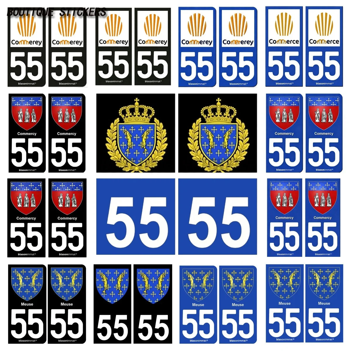 2Pcs Exquisite French license plate stickers in black and blue55 Commercy - Ville 55 Meuse Armoiries Car waterproof PVC sticker