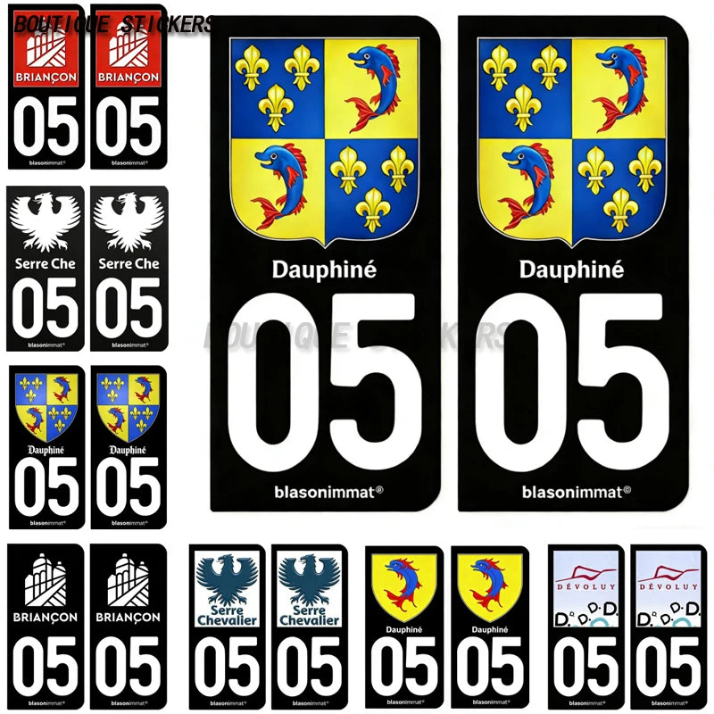 2Pcs French license plate stickers05 station Serre Chevalier, Briançon Ville, Dauphiné - armes, commune de devoluy Voiture moto