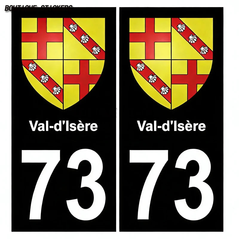 2Pcs Exquisite French licenseplate stickers in 73 Val-d'Isère - Savoie croix savoie droits - croix Savoie - Val-d'Isère logo