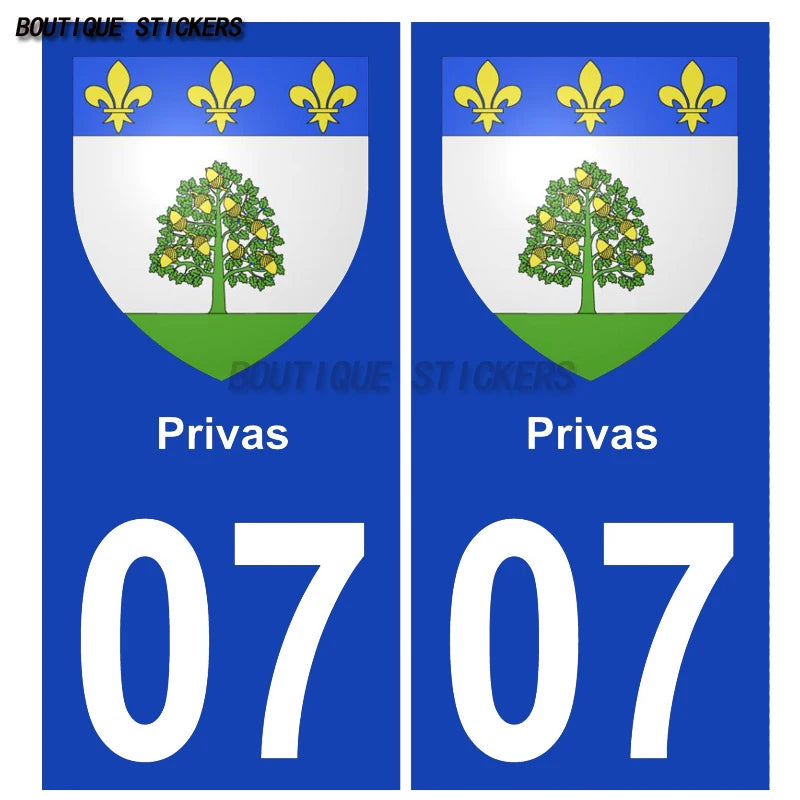 2PcsExquisite French licenseplate stickers in 07Vallon-Pont-d'Arc - Armoiries - Privas - Aubenas-Annonay Auto MotoPVCautocollant