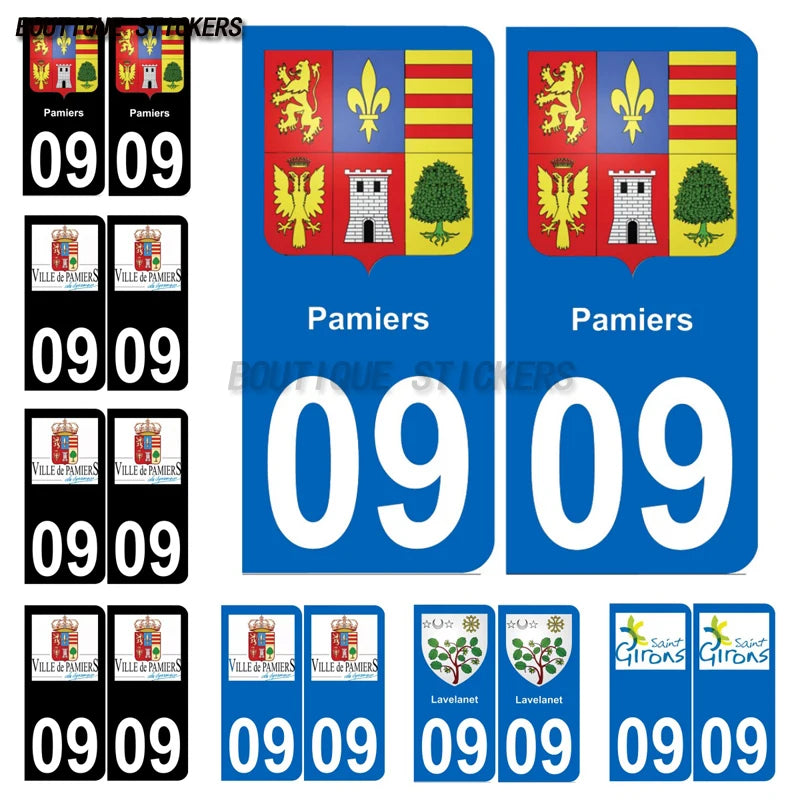 2Pcs Exquisite French license plate stickers in black and blue09 Lavelanet  Pamiers Saint-Girons Voiture moto PVC étanche