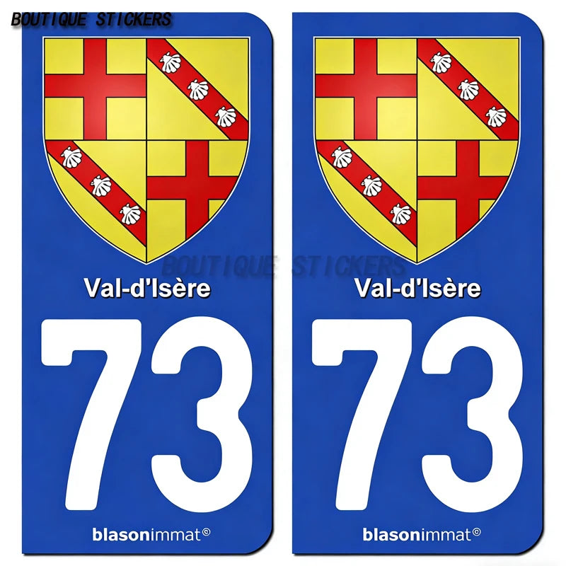 2Pcs French license plate stickers73 Maurienne-Pays-Val Thorens-Val d'Isère-Station-Val-d'Isère-Maurienne-Albertville-Armoiries