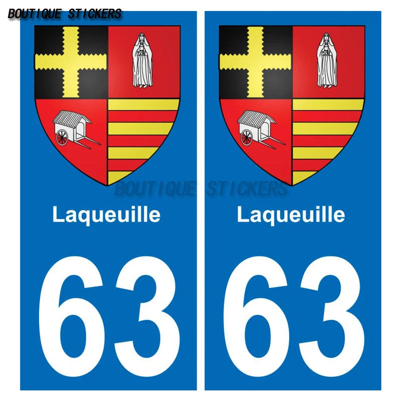 2Pcs Fine plaque d'immatriculation française autocollant noir / bleu 63 Vernet-la-Varenne - Montmorin - Riom - Laqueuille blason