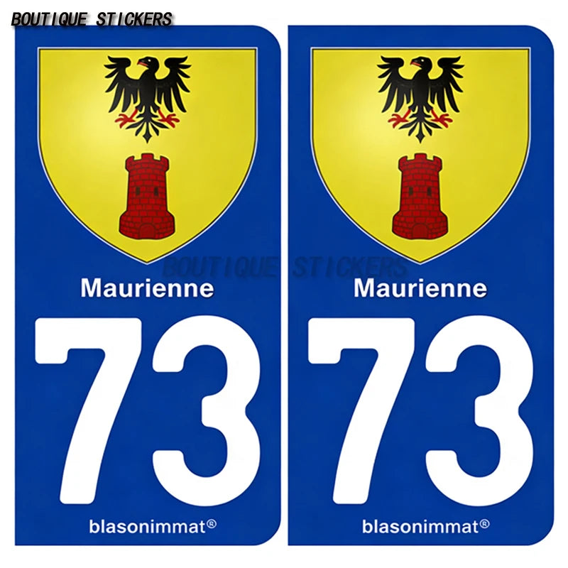 2Pcs French license plate stickers73 Maurienne-Pays-Val Thorens-Val d'Isère-Station-Val-d'Isère-Maurienne-Albertville-Armoiries
