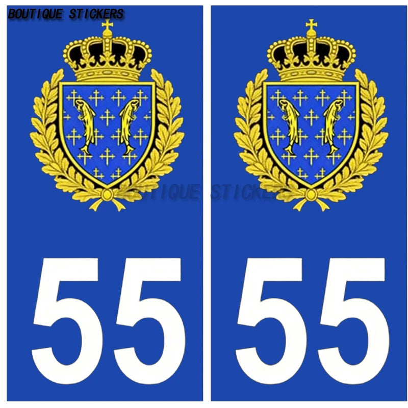 2Pcs Exquisite French license plate stickers in black and blue55 Commercy - Ville 55 Meuse Armoiries Car waterproof PVC sticker