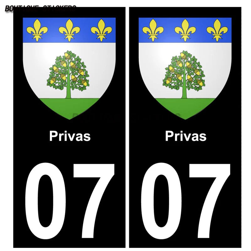 2PcsExquisite French licenseplate stickers in 07Vallon-Pont-d'Arc - Armoiries - Privas - Aubenas-Annonay Auto MotoPVCautocollant
