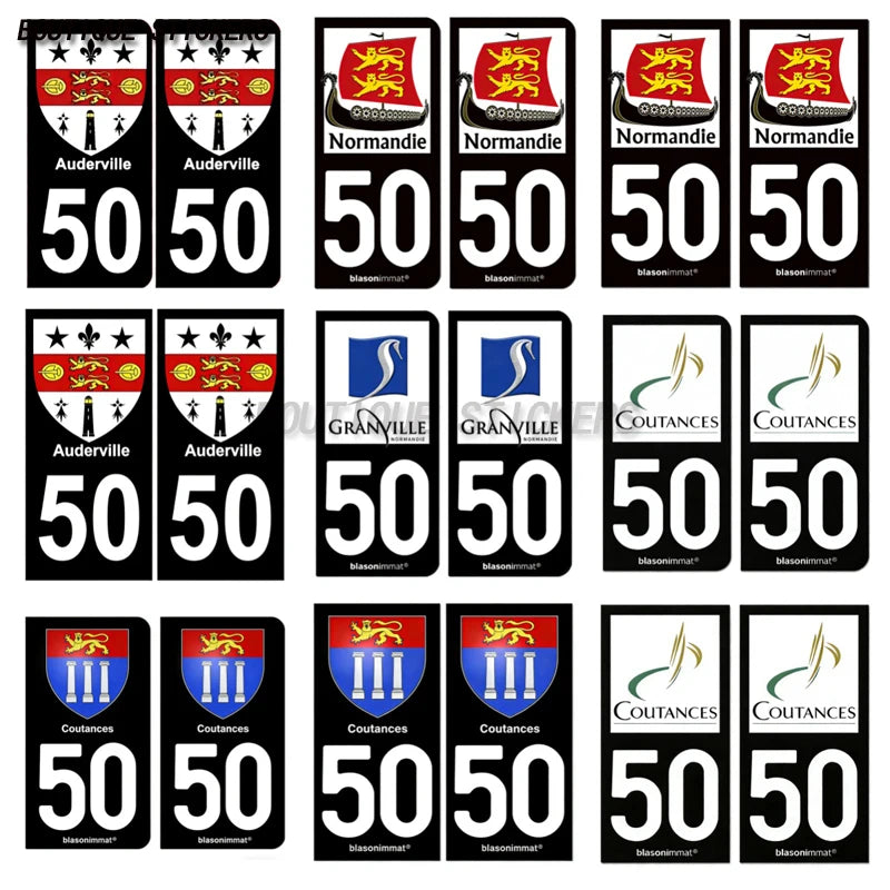 2Pcs French license plate stickers50 Coutances  Ville Coutances  Armoiries Granville  Ville Auderville blason Normandie  Drakkar