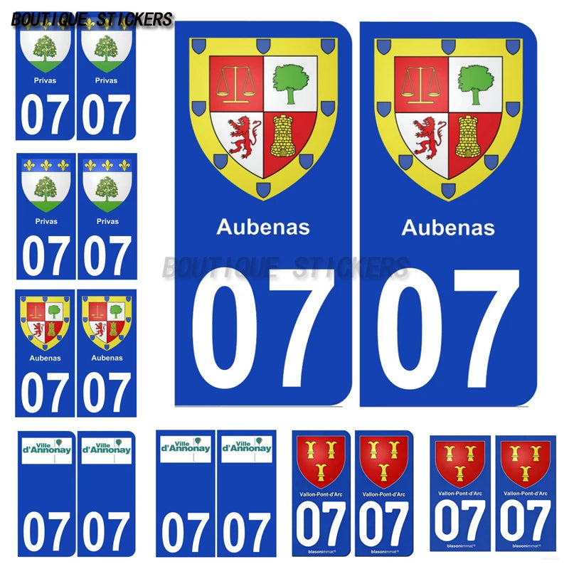 2PcsExquisite French licenseplate stickers in 07Vallon-Pont-d'Arc - Armoiries - Privas - Aubenas-Annonay Auto MotoPVCautocollant