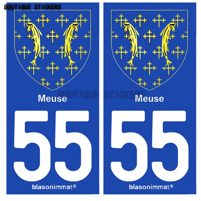 2Pcs Exquisite French license plate stickers in black and blue55 Commercy - Ville 55 Meuse Armoiries Car waterproof PVC sticker