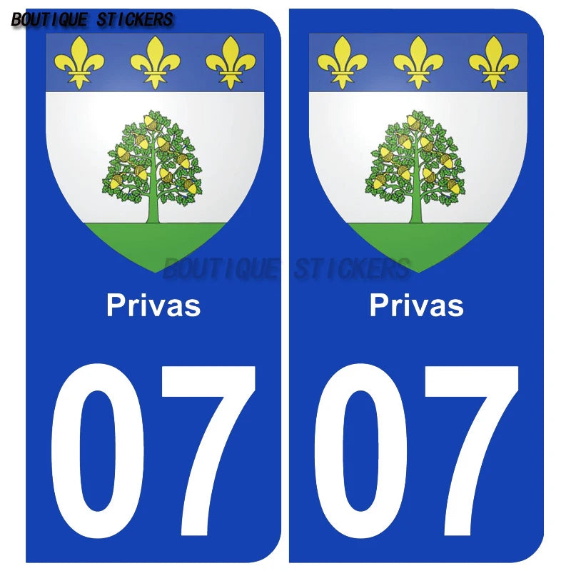 2PcsExquisite French licenseplate stickers in 07Vallon-Pont-d'Arc - Armoiries - Privas - Aubenas-Annonay Auto MotoPVCautocollant
