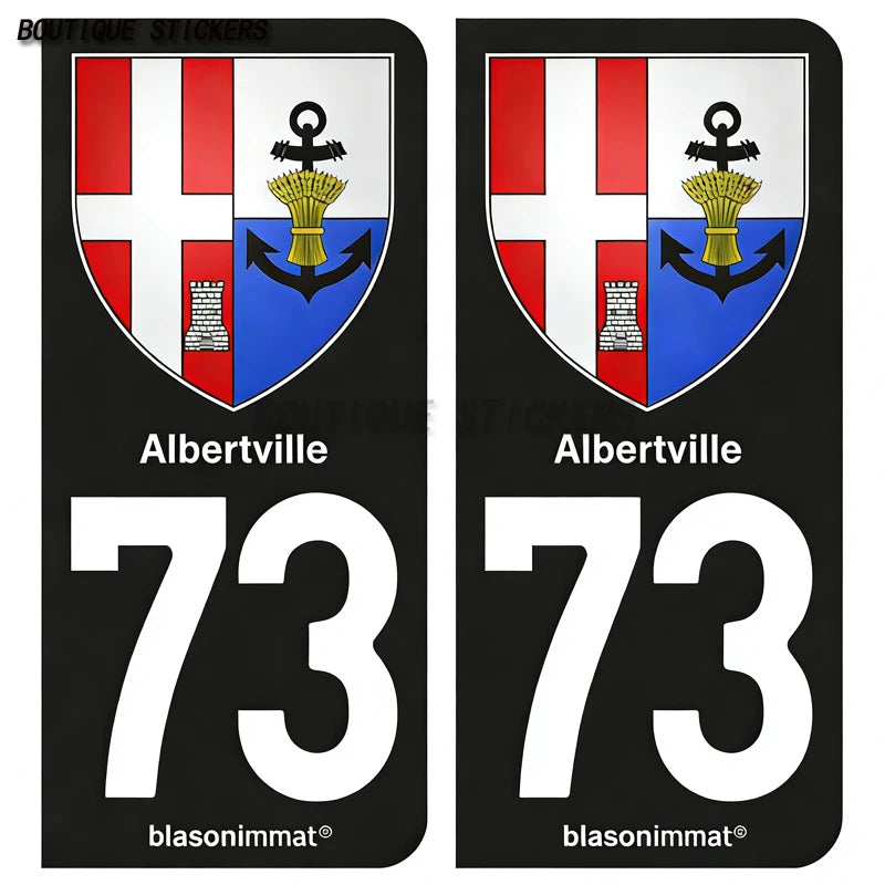 2Pcs French license plate stickers73 Maurienne-Pays-Val Thorens-Val d'Isère-Station-Val-d'Isère-Maurienne-Albertville-Armoiries