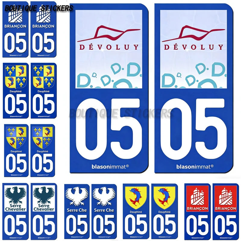 2Pcs French license plate stickers05 station Serre Chevalier, Briançon Ville, Dauphiné - armes, commune de devoluy Voiture moto