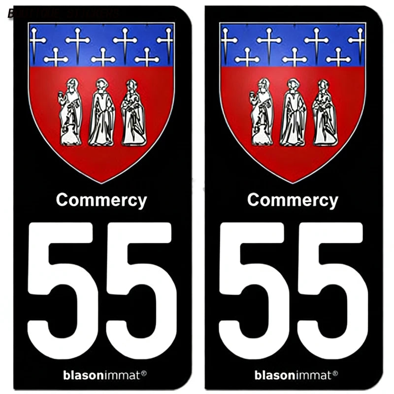 2Pcs Exquisite French license plate stickers in black and blue55 Commercy - Ville 55 Meuse Armoiries Car waterproof PVC sticker