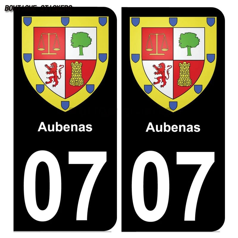 2PcsExquisite French licenseplate stickers in 07Vallon-Pont-d'Arc - Armoiries - Privas - Aubenas-Annonay Auto MotoPVCautocollant