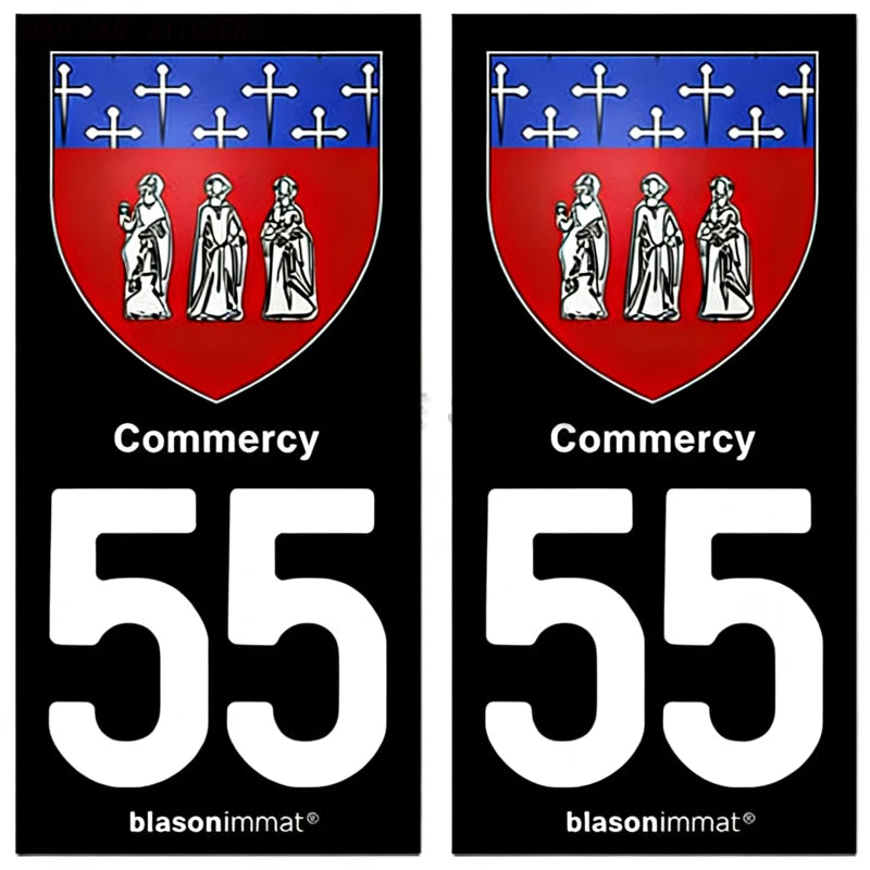 2Pcs Exquisite French license plate stickers in black and blue55 Commercy - Ville 55 Meuse Armoiries Car waterproof PVC sticker