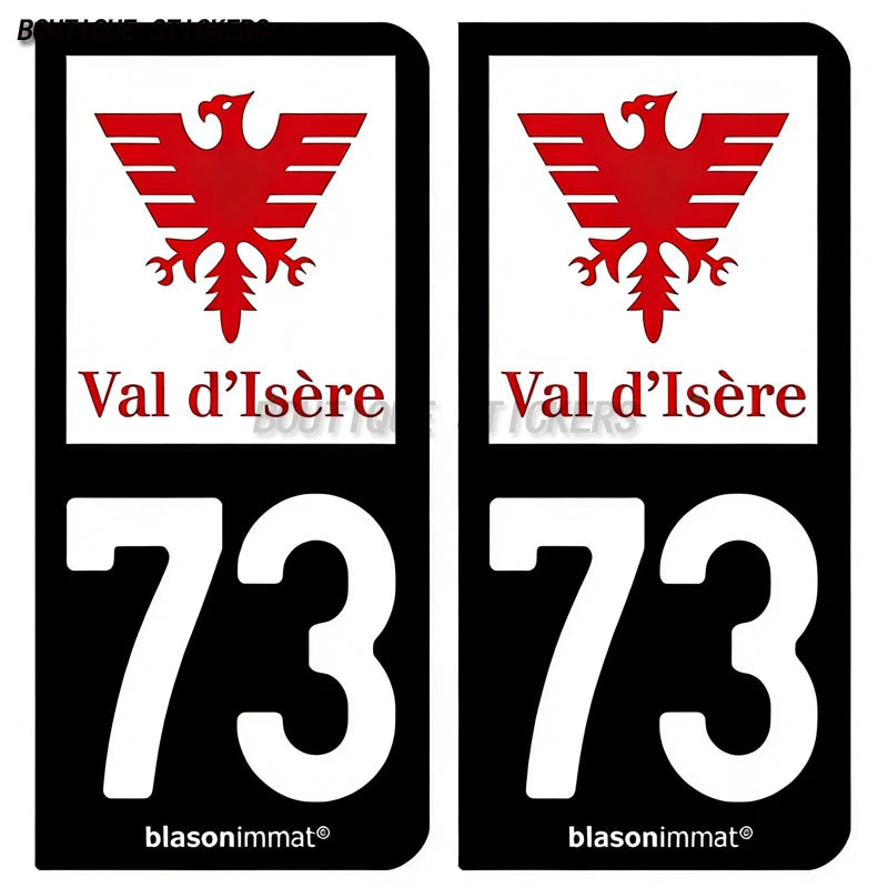 2Pcs French license plate stickers73 Maurienne-Pays-Val Thorens-Val d'Isère-Station-Val-d'Isère-Maurienne-Albertville-Armoiries