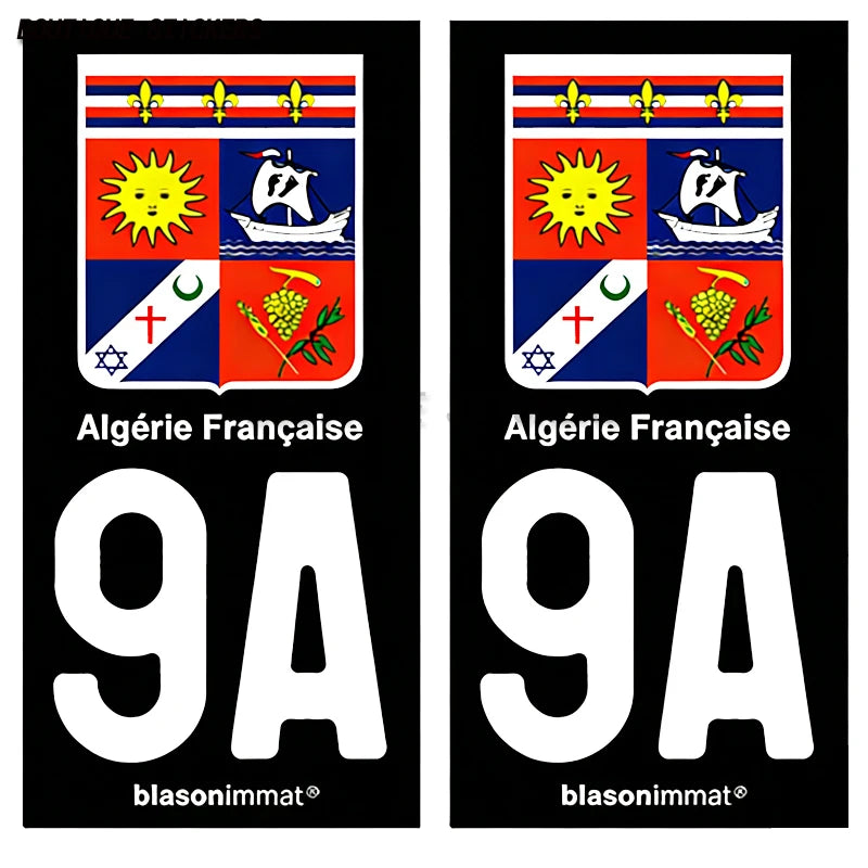 2Pcs Exquisite French license plate stickers in black and blue9A Alger - Armoiries-Algérie Française - Armoiries PVC étanche