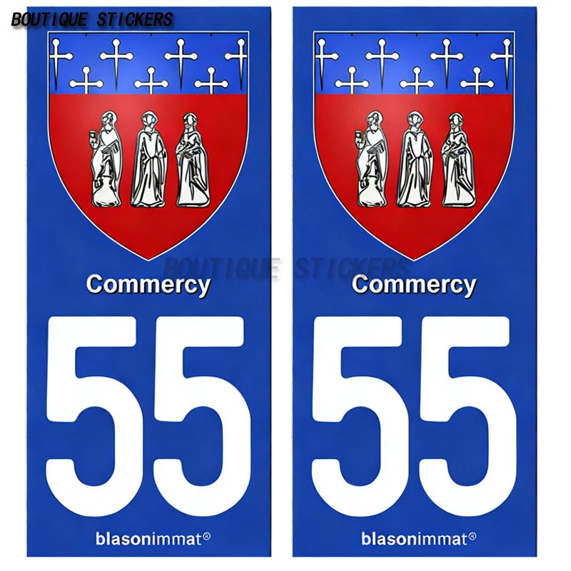 2Pcs Exquisite French license plate stickers in black and blue55 Commercy - Ville 55 Meuse Armoiries Car waterproof PVC sticker