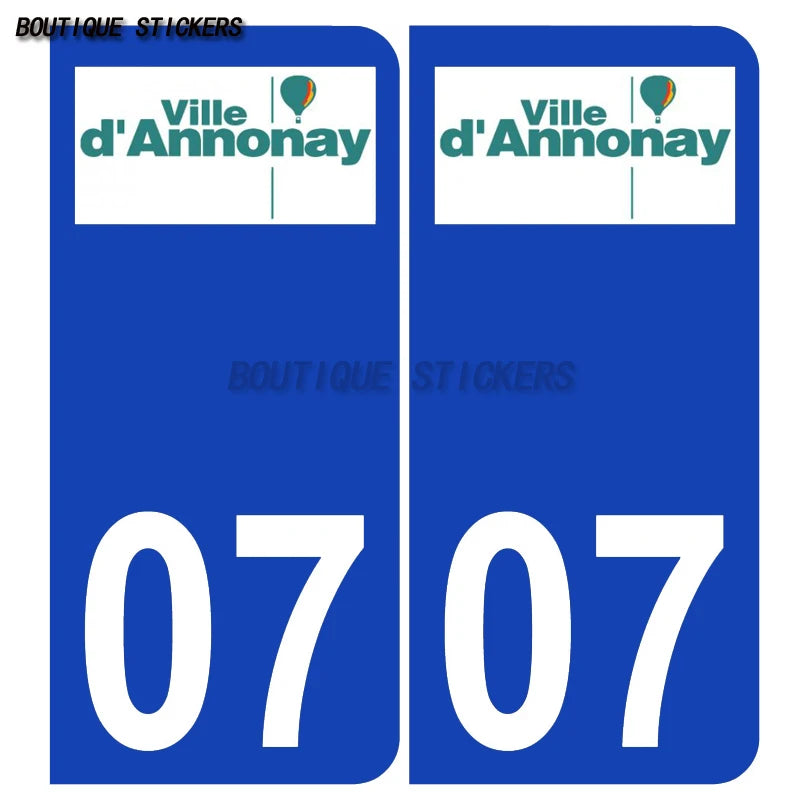 2PcsExquisite French licenseplate stickers in 07Vallon-Pont-d'Arc - Armoiries - Privas - Aubenas-Annonay Auto MotoPVCautocollant