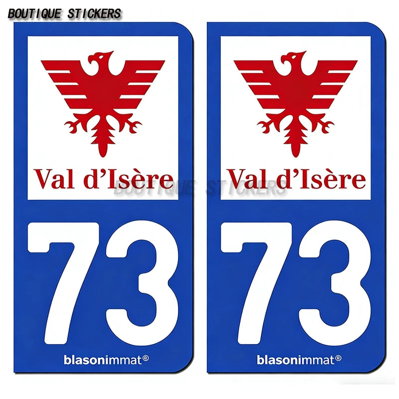 2Pcs French license plate stickers73 Maurienne-Pays-Val Thorens-Val d'Isère-Station-Val-d'Isère-Maurienne-Albertville-Armoiries