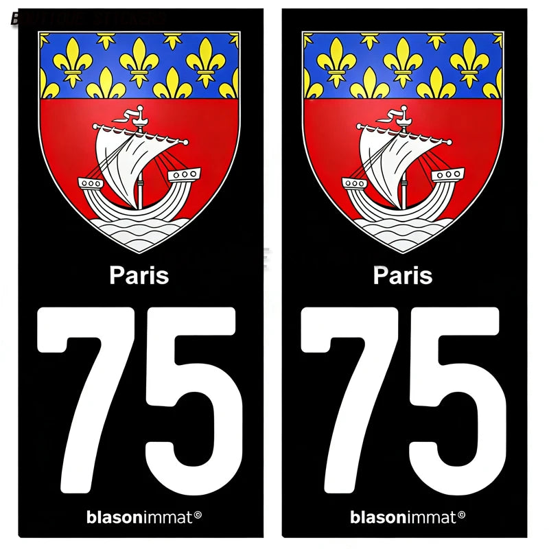 Autocollant plaque d'immatriculation France 75 Ile de France - Armoiries  Paris - Armoiries blason armoiries département droits