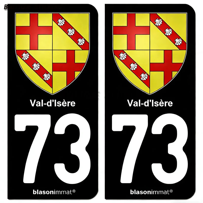 2Pcs French license plate stickers73 Maurienne-Pays-Val Thorens-Val d'Isère-Station-Val-d'Isère-Maurienne-Albertville-Armoiries