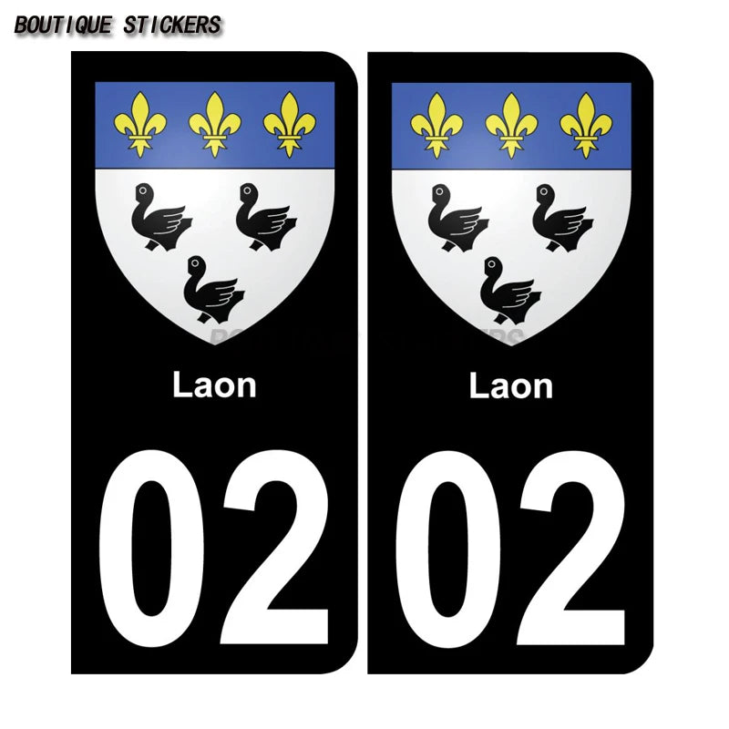 2 exquisite black license plate stickers 02 Aisne plaque blason armoiries Soissons Laon Gauchy Car and waterproof PVC stickers