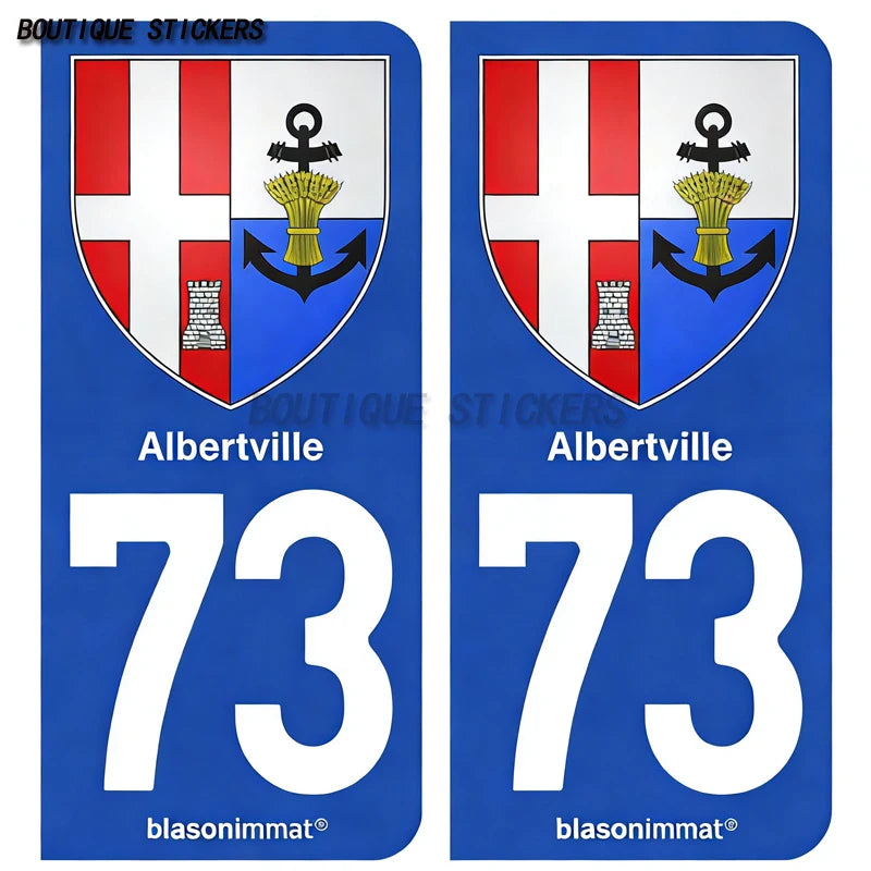 2Pcs French license plate stickers73 Maurienne-Pays-Val Thorens-Val d'Isère-Station-Val-d'Isère-Maurienne-Albertville-Armoiries