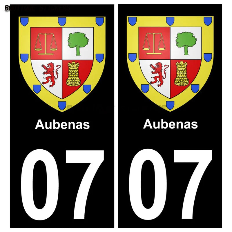2PcsExquisite French licenseplate stickers in 07Vallon-Pont-d'Arc - Armoiries - Privas - Aubenas-Annonay Auto MotoPVCautocollant