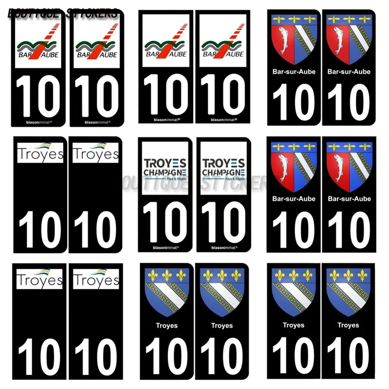 2Pcs Exquisite French license plate stickers in black and blue10 Bar-sur-Aube Troyes - aglo Bar sur aub - agglo PVC étanche