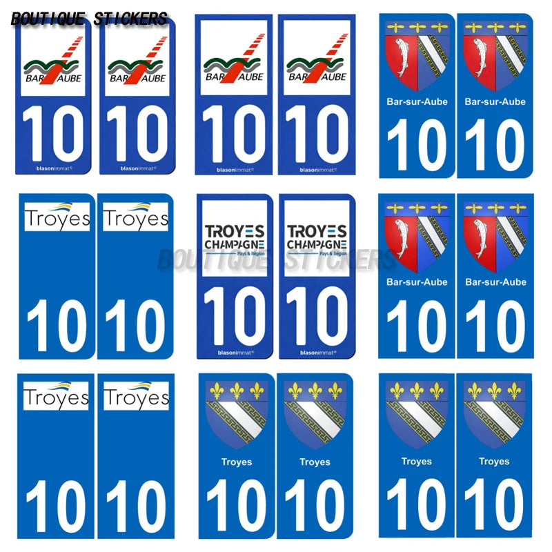 2Pcs Exquisite French license plate stickers in black and blue10 Bar-sur-Aube Troyes - aglo Bar sur aub - agglo PVC étanche