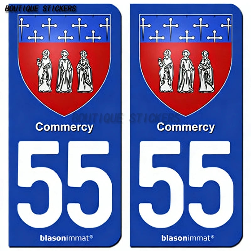 2Pcs Exquisite French license plate stickers in black and blue55 Commercy - Ville 55 Meuse Armoiries Car waterproof PVC sticker