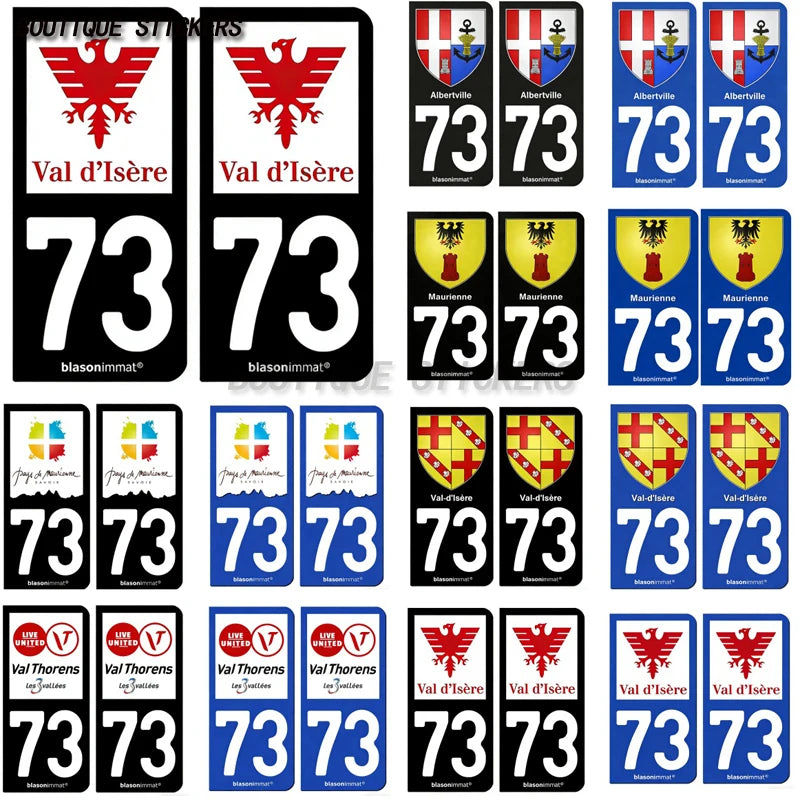2Pcs French license plate stickers73 Maurienne-Pays-Val Thorens-Val d'Isère-Station-Val-d'Isère-Maurienne-Albertville-Armoiries