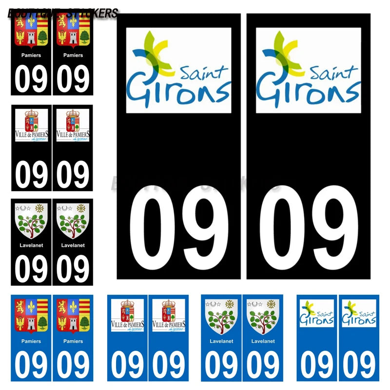 2Pcs Exquisite French license plate stickers in black and blue09 Lavelanet  Pamiers Saint-Girons Voiture moto PVC étanche