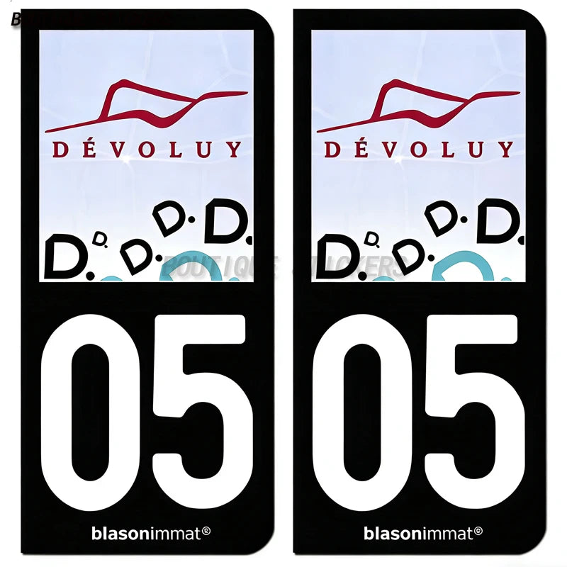 2Pcs French license plate stickers05 station Serre Chevalier, Briançon Ville, Dauphiné - armes, commune de devoluy Voiture moto